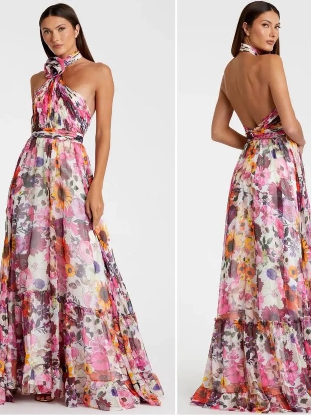 Mac Duggal Pink and Multi Floral Halter Asymmetrical Maxi Dress